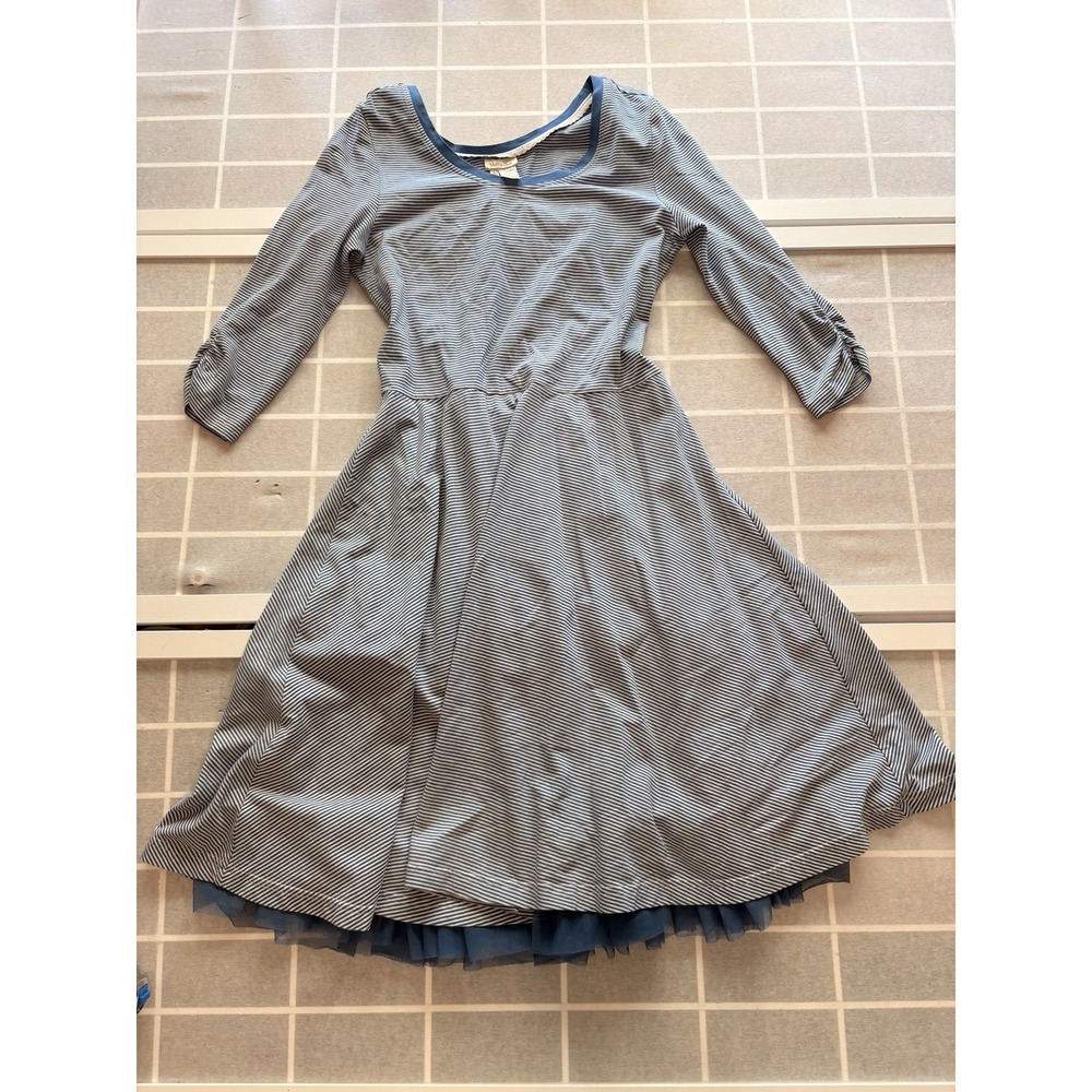 Matilda‎ Jane Dress Womens Sz S Blue Striped 3/4 Sleeve Frilly Tulle Fit Flare